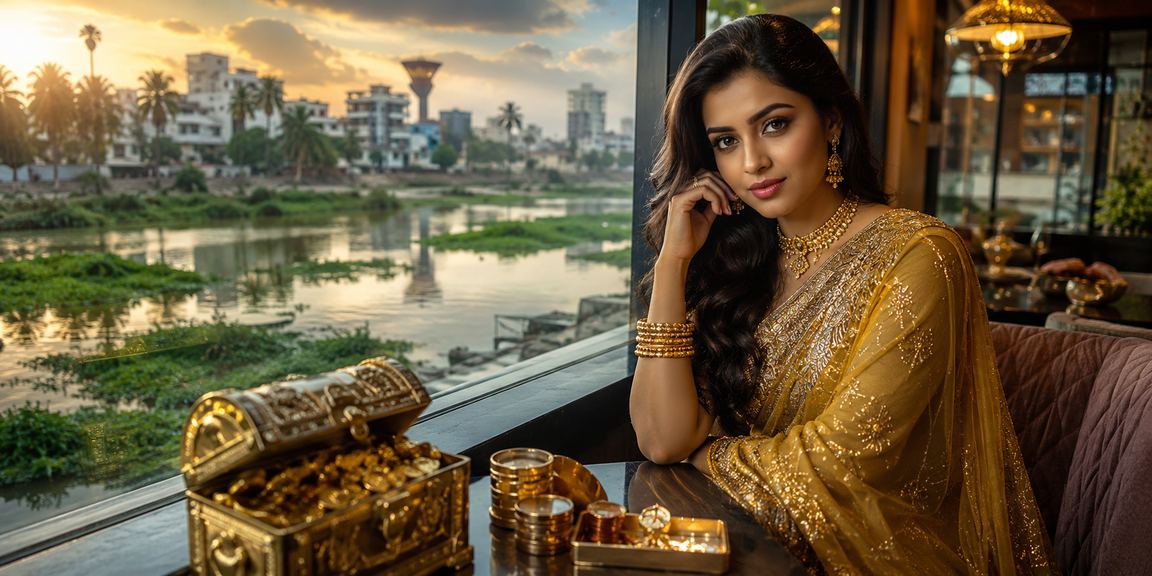 বগুড়ায় শাড়ি পরিহিতা একজন বাংলাদেশি নারী মোবাইলে গেম খেলছেন